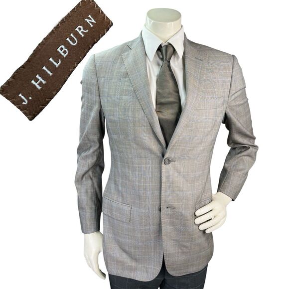 J Hilburn Vitale Barberis Men 36R Blazer European Fit Gray Wool Glen Plaid - Picture 1 of 16